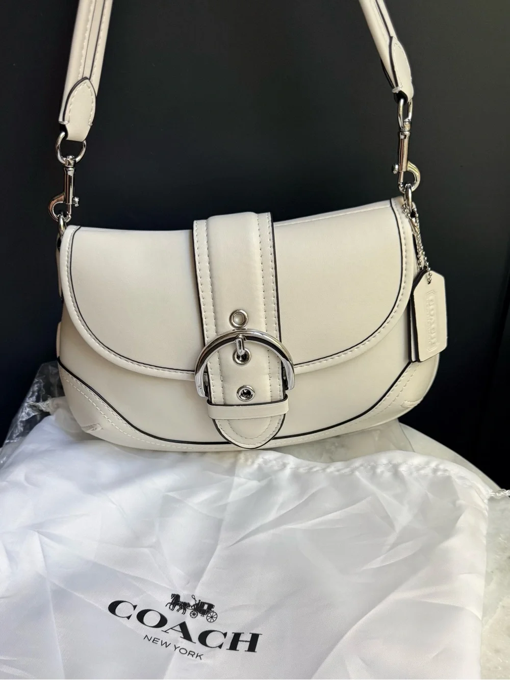 NWOT Coach Soho Flap Bag in Regenerative Leather Chalk White CR699 Silver